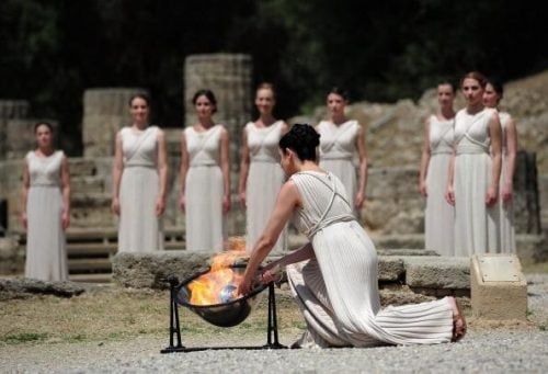 Ceremony of lightning the Olympic flame at ancient Olympia